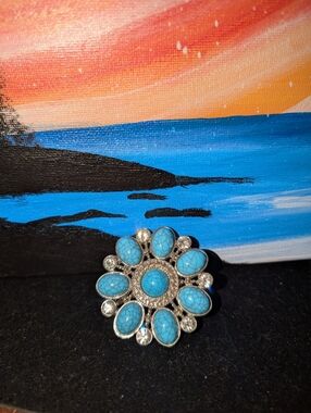 Fashion Turquoise Stone Floral Ring- Blue Silver Accent
